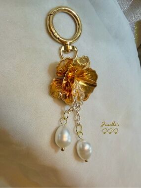 Gold Flower Keychain Pendant with Pearl Drops